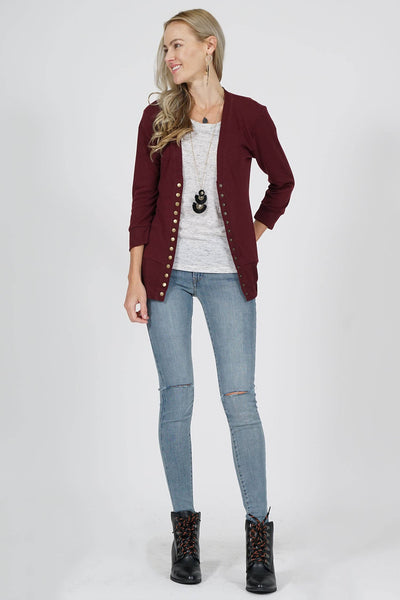 Maroon Snap Button 3/4 Sleeve Cardigan Sweater