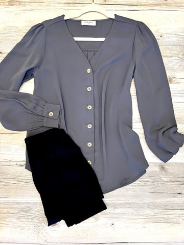 Oleander Long Sleeve V-Neck Button Up Top