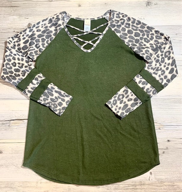 V-Neck Criss Cross Leopard Print Top