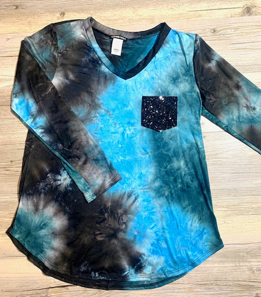 Turquoise Tie Dye Top with Black Sequin Pocket REG & PLUS