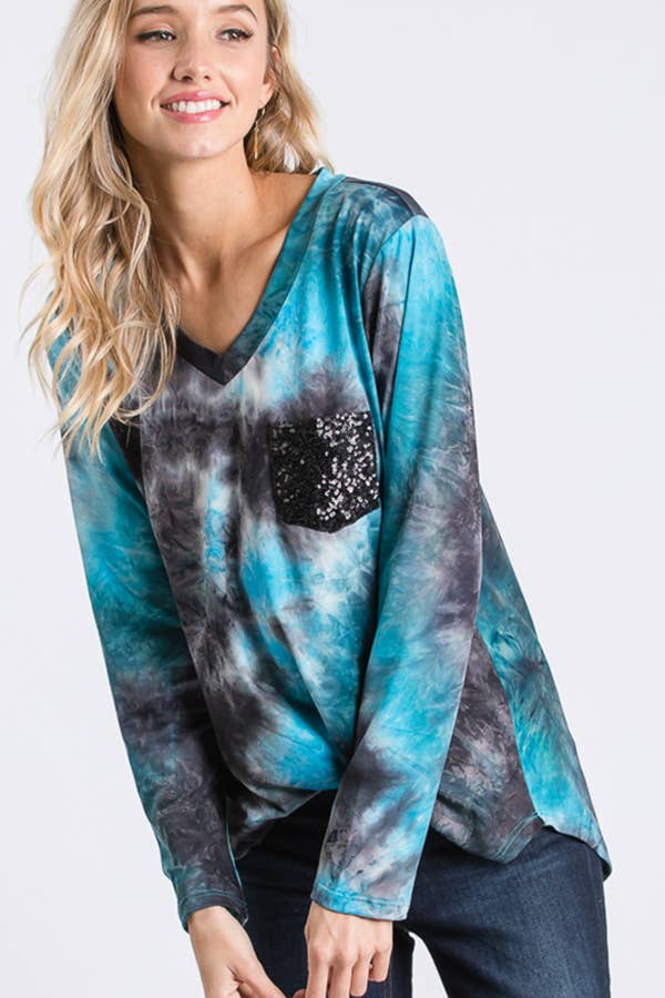 Turquoise Tie Dye Top with Black Sequin Pocket REG & PLUS